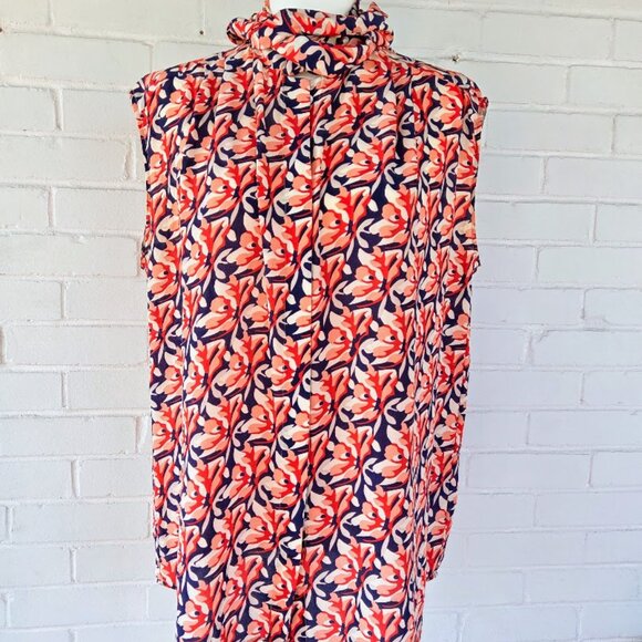 Sleeveless Button Down Coral Pink and Navy Silk Shirt Size 12 - Picture 6 of 9